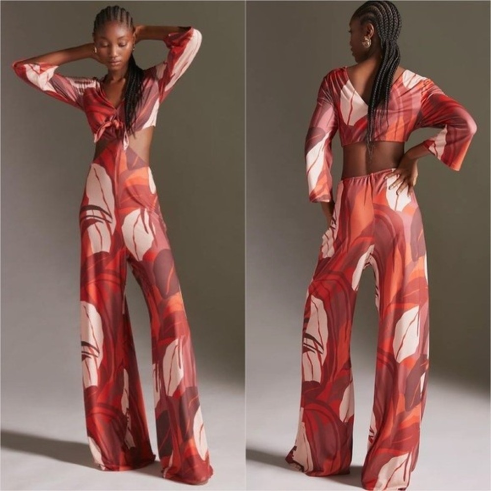 NWT Anthropologie Hutch Cutout Bold Floral Wide Leg Cutout Tie Front Jumpsuit